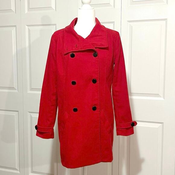 Vtg Charlotte Russe Pea Coat Size M Red double breasted 2-way collar, 2 pockets - Picture 1 of 10